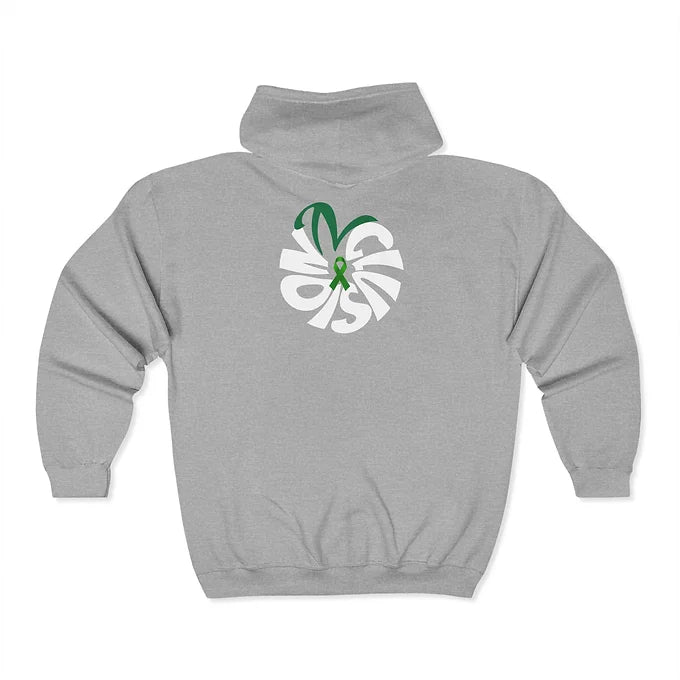 The back of a gray hooded sweatshirt features a stylized pineapple graphic composed of bold, white curved letters spelling "NOISE" arranged in a circular shape. At the top of the design are green leaves, completing the pineapple motif, and a green awareness ribbon is centered within the graphic. The design blends playful visual elements with a possible message of advocacy or support, especially related to mental health awareness.