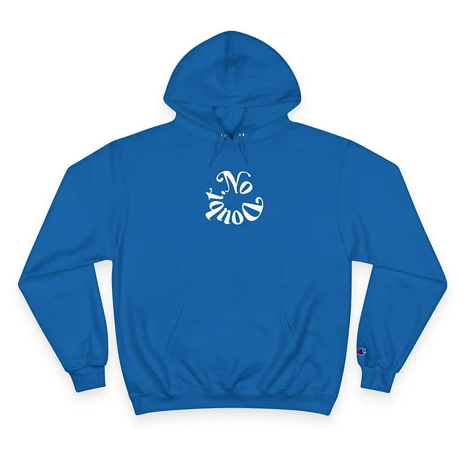 A blue hooded sweatshirt features a striking white graphic on the front, with the phrase "No Doubt" arranged in a circular, spiral-like pattern. The stylized letters curve and distort to form a dynamic visual centerpiece. The sweatshirt includes a front pocket, drawstrings at the hood, and a small Champion logo on the left sleeve. The design merges bold typography with casual comfort, making it a standout piece for expressive streetwear.
