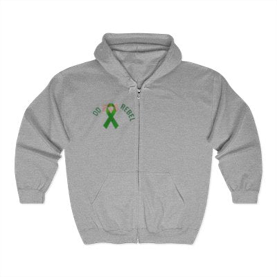 A gray zip-up hoodie features a minimalist design on the left chest: a green awareness ribbon flanked by the words “DO” on the left and “REBEL” on the right in bold green capital letters. The hoodie blends casual comfort with a message of activism and advocacy, using the ribbon as a symbol of support for causes like mental health awareness.