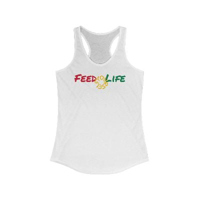 A white racerback tank top features the bold phrase “FEED LIFE” across the chest—“FEED” in red and “LIFE” in green. Between the words sits a yellow circular emblem with the number “250” at its center, flanked by stylized fork and spoon graphics. The design suggests a theme of nourishment, advocacy, or food-related support, blending vibrant color with purpose-driven messaging.