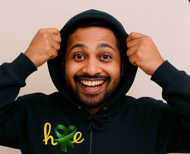 A person smiles broadly while holding the hood of a black hoodie with both hands. The front of the hoodie features the word “hope” in lowercase white letters, with the “o” replaced by a green awareness ribbon. The design blends simplicity with emotional impact, offering a message of resilience, advocacy, and quiet strength.