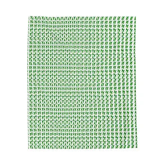 A neatly made bed features a white blanket patterned with repeating green ampersands (“&”) arranged in diagonal rows. The design is bold and uniform, standing out against the room’s minimalist decor, which includes light wood flooring, a wooden headboard, and a matching nightstand with a book and small object on top. The blanket’s visual rhythm suggests connection, continuation, and quiet advocacy.