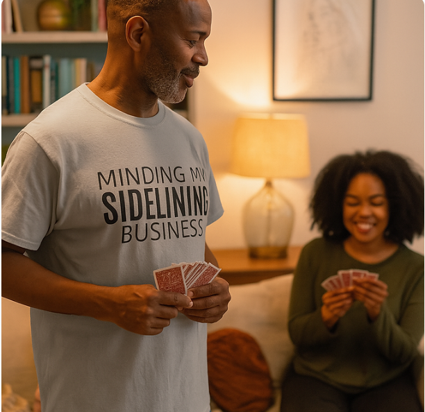 Two people are indoors enjoying a card game in a cozy setting. The person in the foreground stands holding playing cards and wears a light gray T-shirt with the phrase "MINDING MY SIDELINING BUSINESS" printed across the front. In the background, another person sits smiling with cards in hand. The room features warm lighting, a bookshelf, framed artwork, and a lamp, creating a relaxed and inviting atmosphere. The shirt’s message adds a playful, self-aware touch to the scene, blending leisure with expressive 